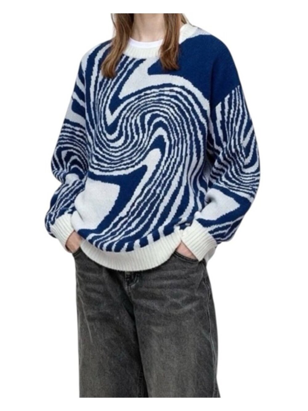 Aelfric Eden Whirlpool Blue & White Geometric Print Preppy Unisex Sweater Small